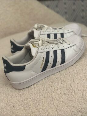Adidas Superstar White Sneakers with Navy Stripes